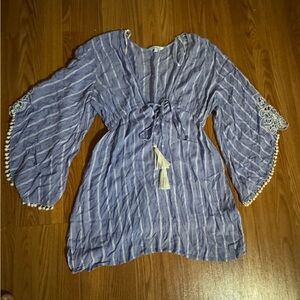 Blue Island Indigo‎ Striped Crochet Mini Dress Bohemian Resort Nautical Coverup